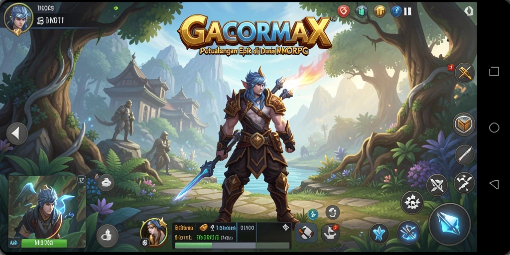 Screenshot utama GACORMAX menampilkan pertarungan epik di dunia MMORPG.