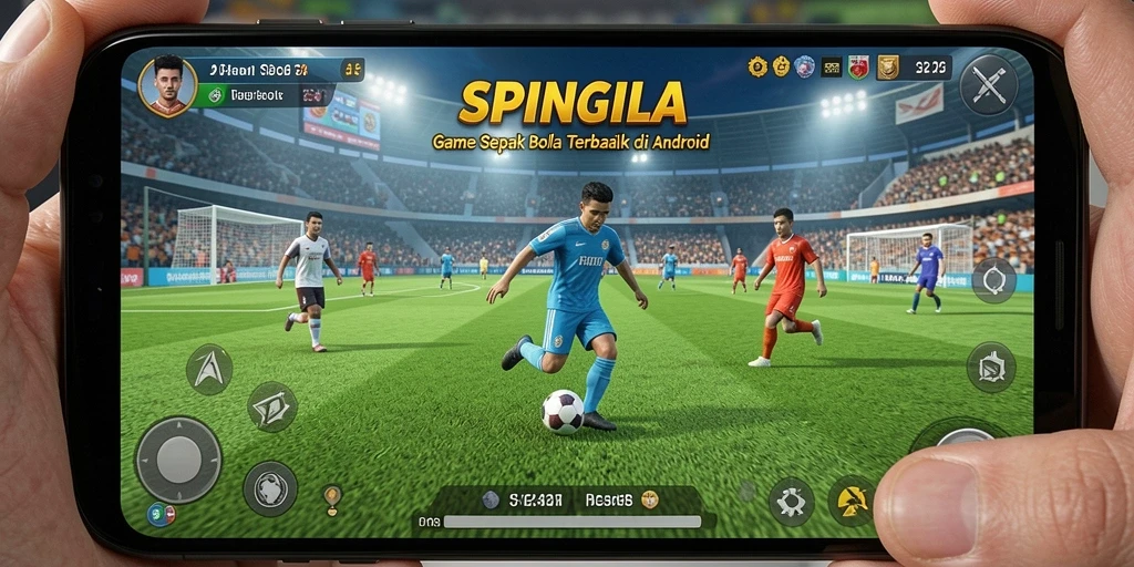 Tampilan gameplay SPINGILA dengan pemain beraksi di lapangan sepak bola.