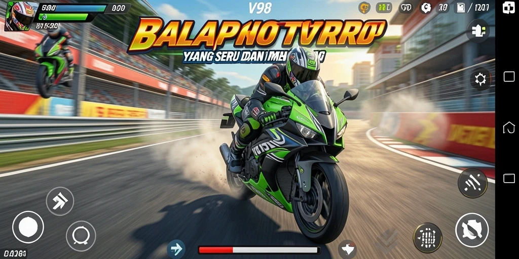 Tampilan gameplay V98 dengan aksi balap motor yang mengesankan.